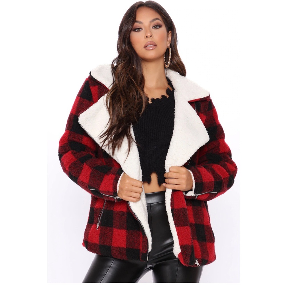 On the hunt black and red plaid Sherpa jacket